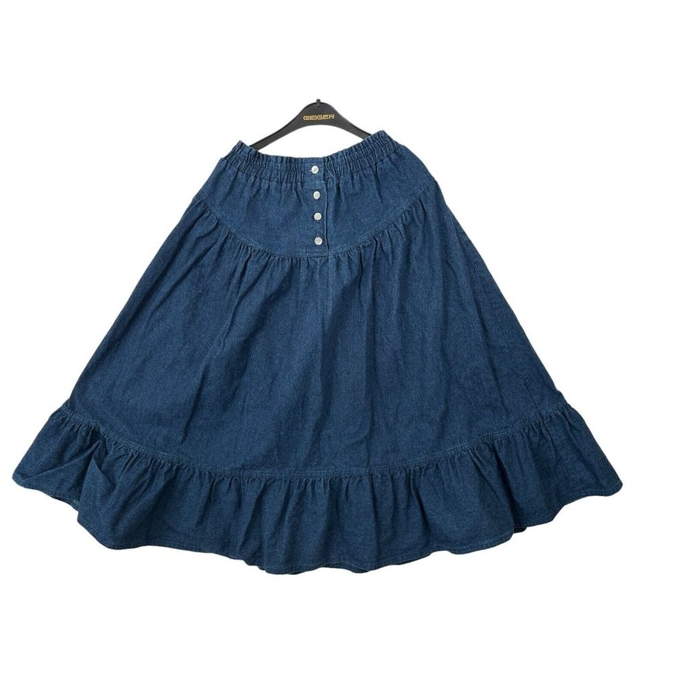 Vintage 1980s Sasson Denim Jean Skirt Size 10 Womens Blue Button Ruffle Western
